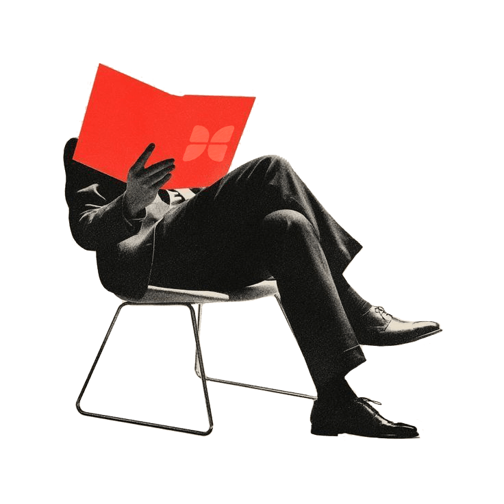 Illustration of a man sitting on a chair reading a magazine.